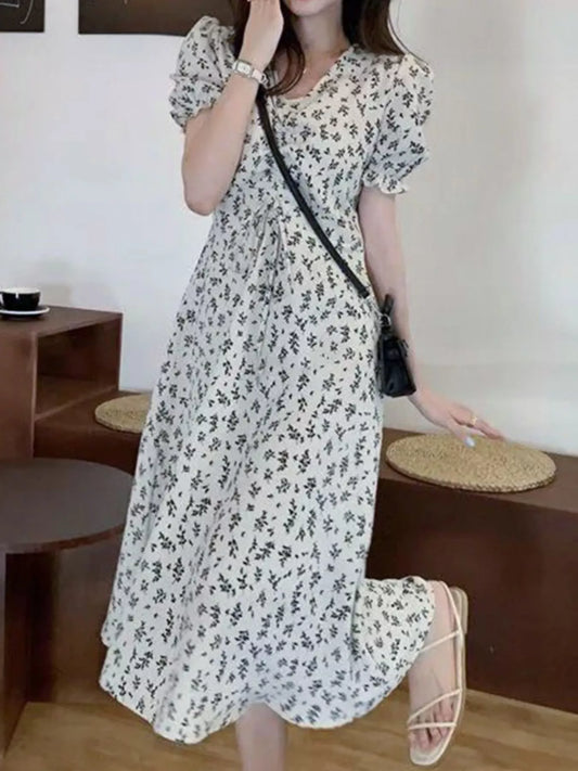 Floral Print Puff Sleeve Midi Dress