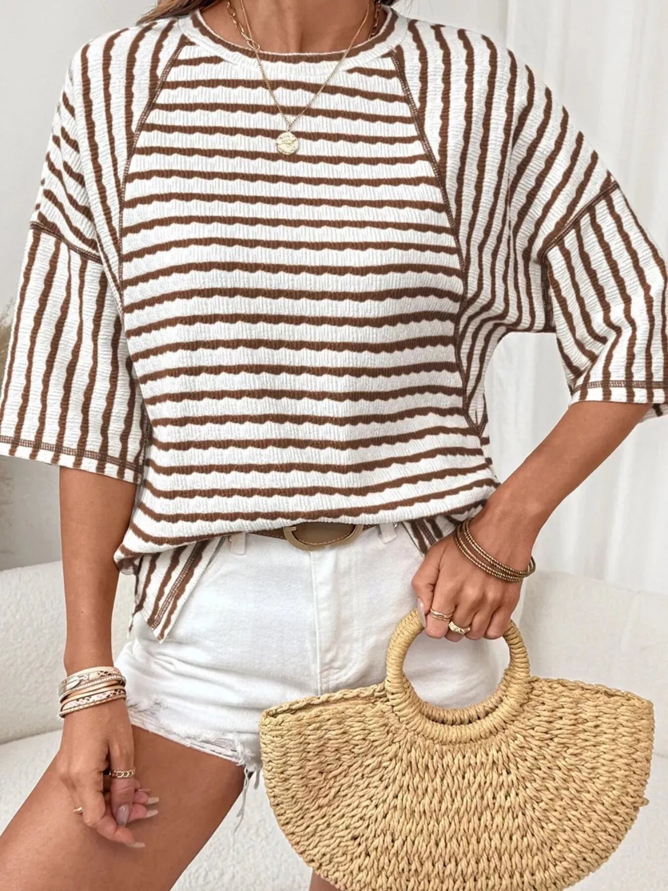 Casual Striped Raglan Sleeve Textured T-Shirt