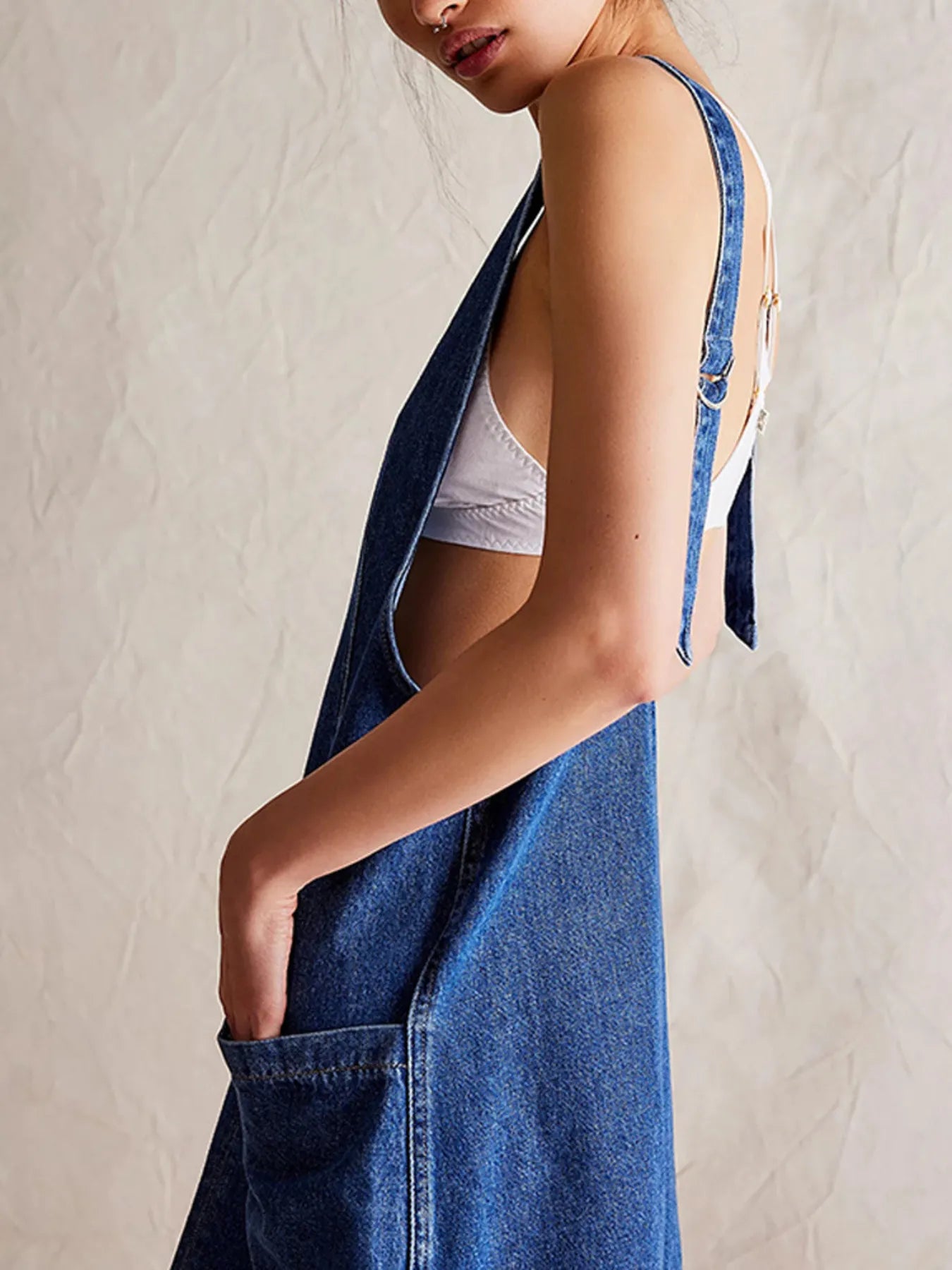 Oversized V-Neck Denim Tank Dress with Front Pockets