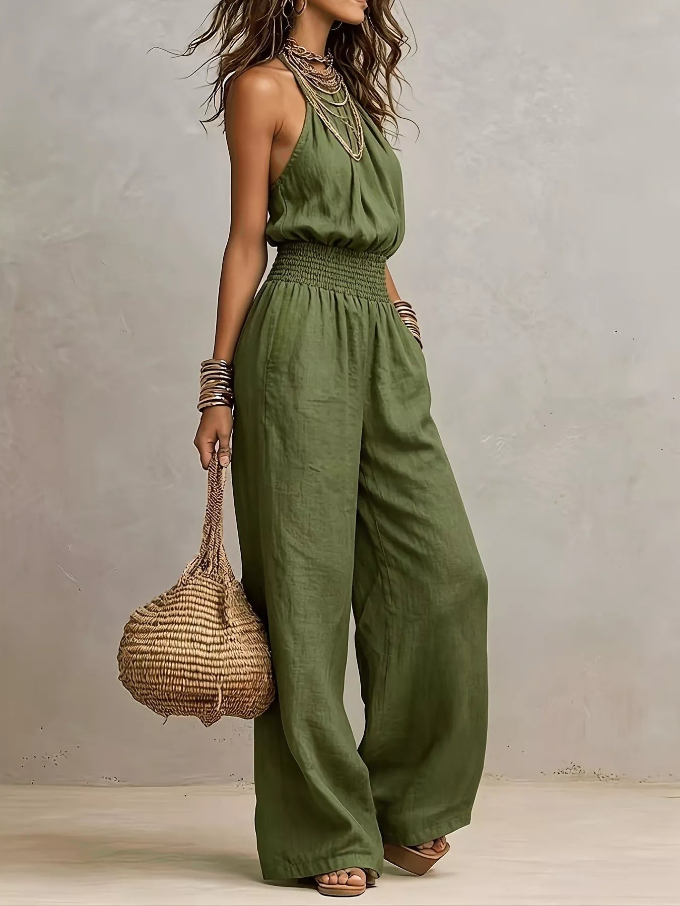 Smocked Halter Neck Wide-Leg Jumpsuit