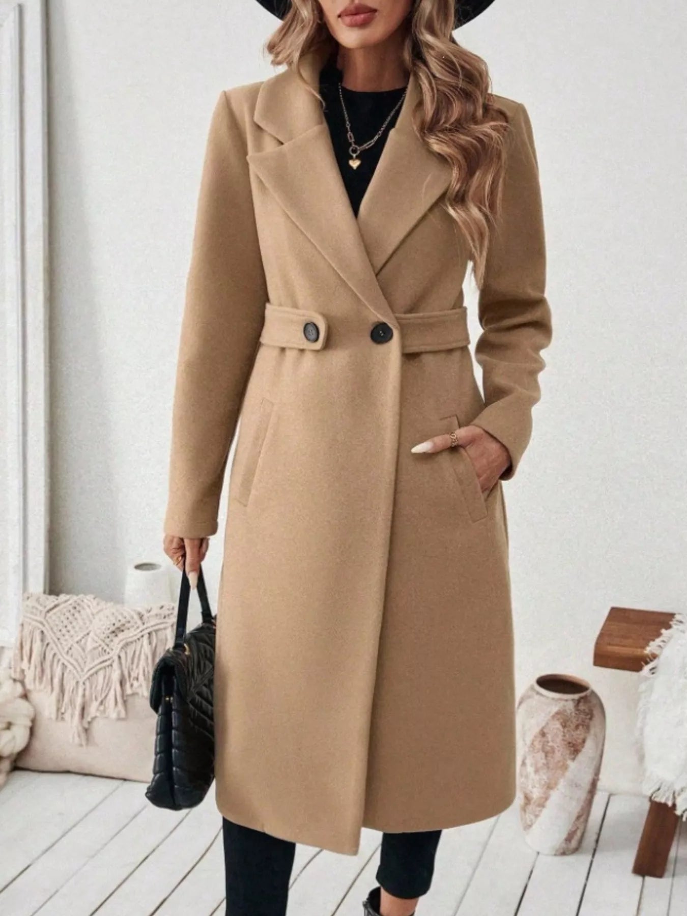 Full Size Elegant Lapel Collar Belted Coat with Pockets Plus Size
