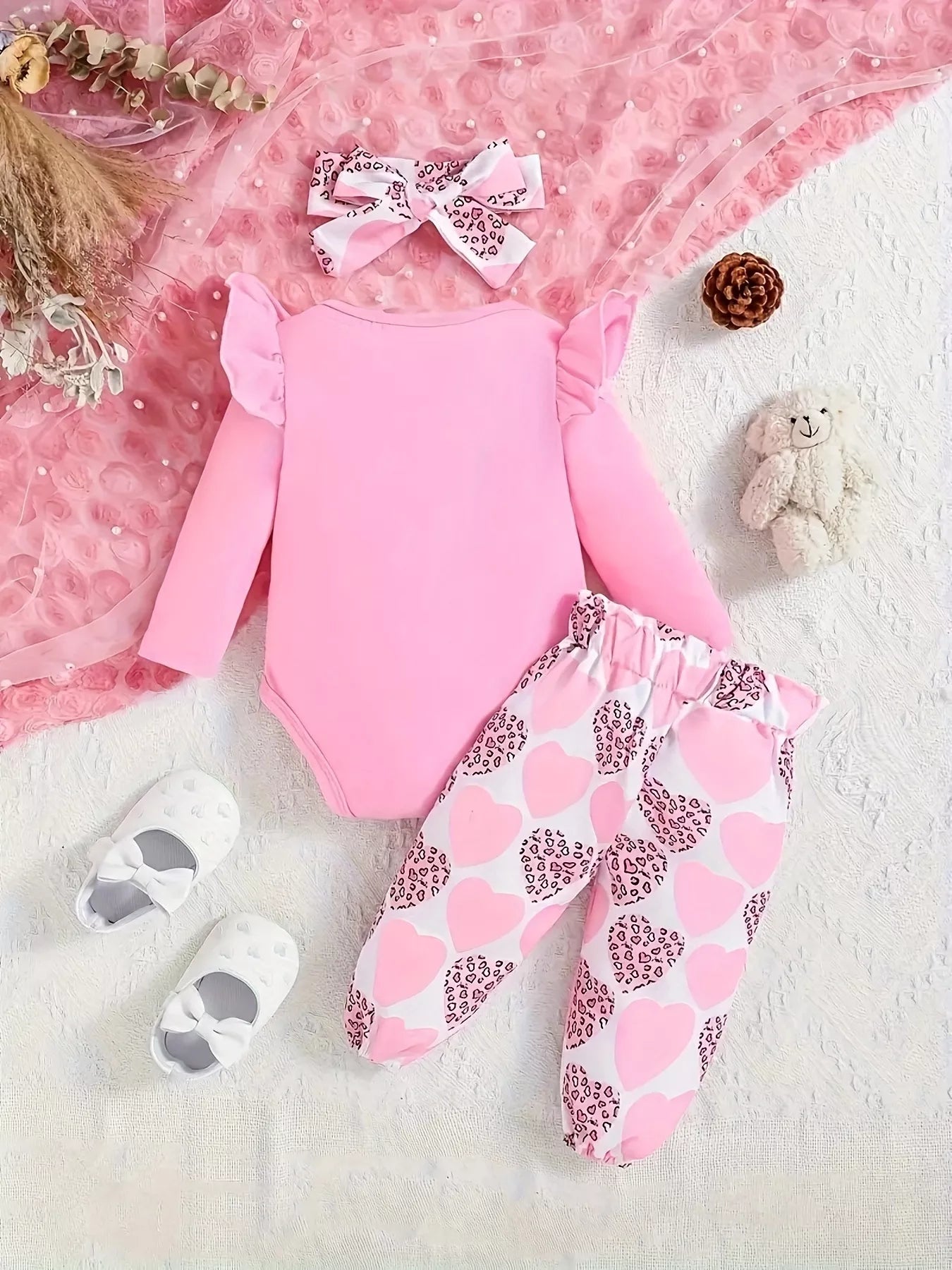 Children's Graphic Ruffled Top and Pants Set with Headband