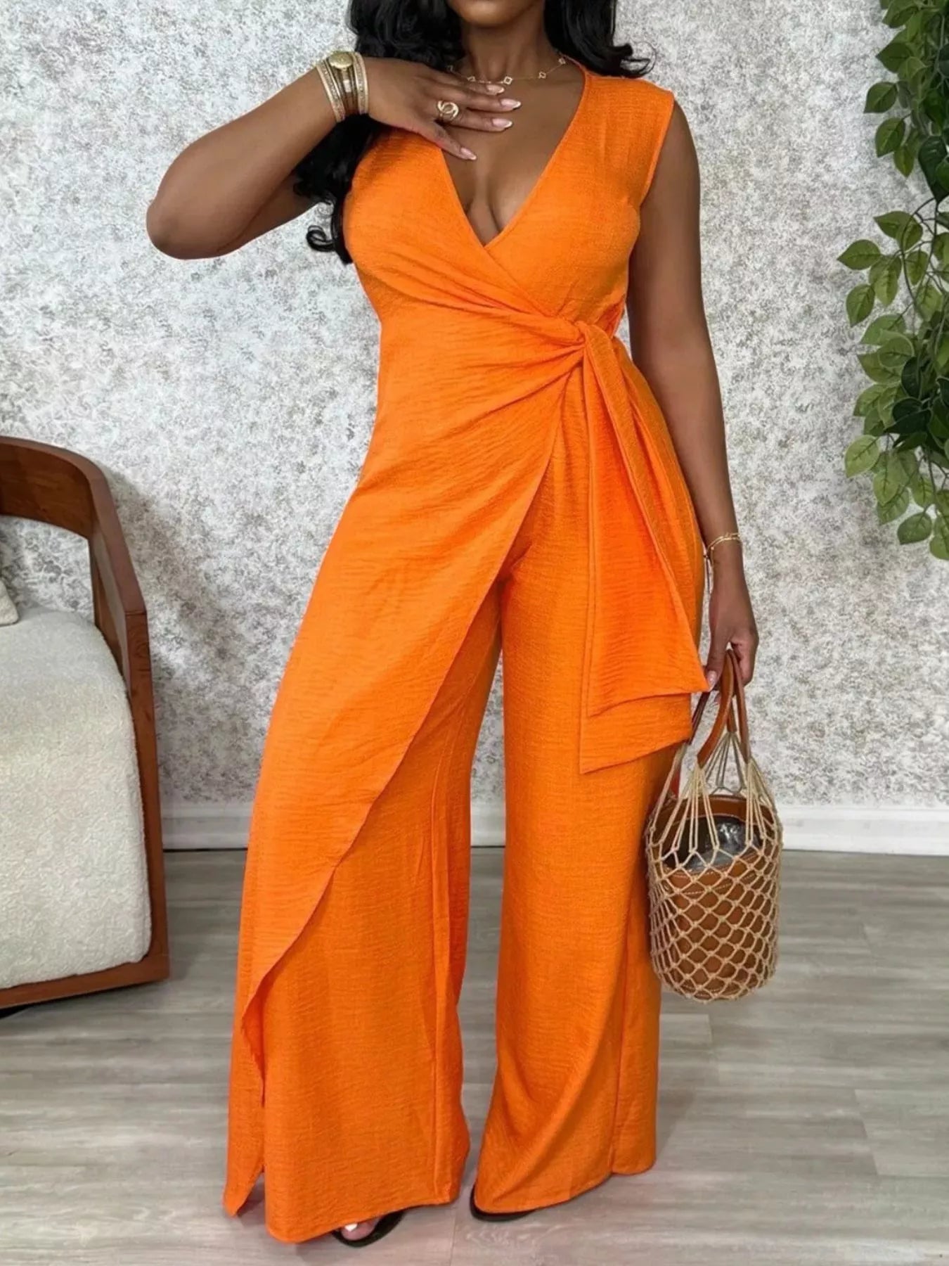 Wrap Front Wide Leg Jumpsuit