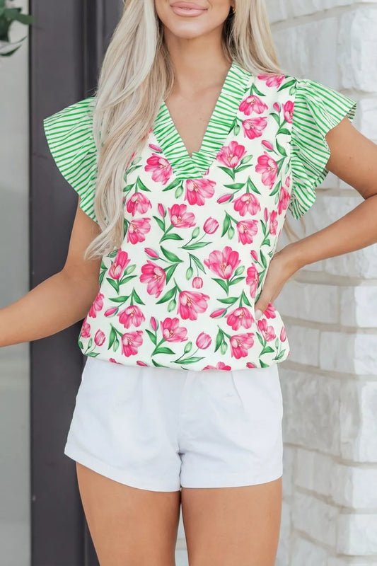 Floral Print Striped Ruffle Trim V Neck Blouse