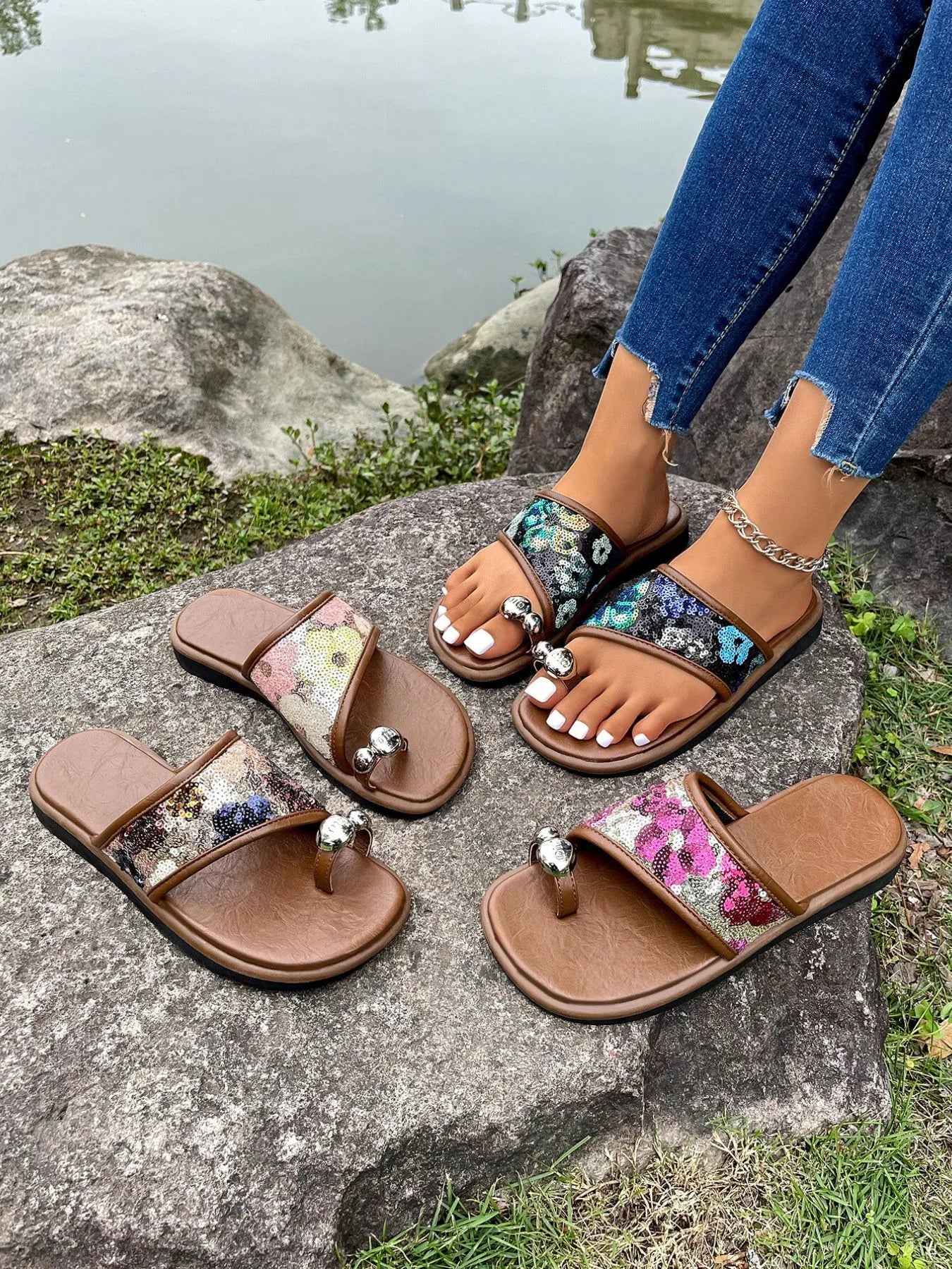Sequin Toe Loop Flats Sandals