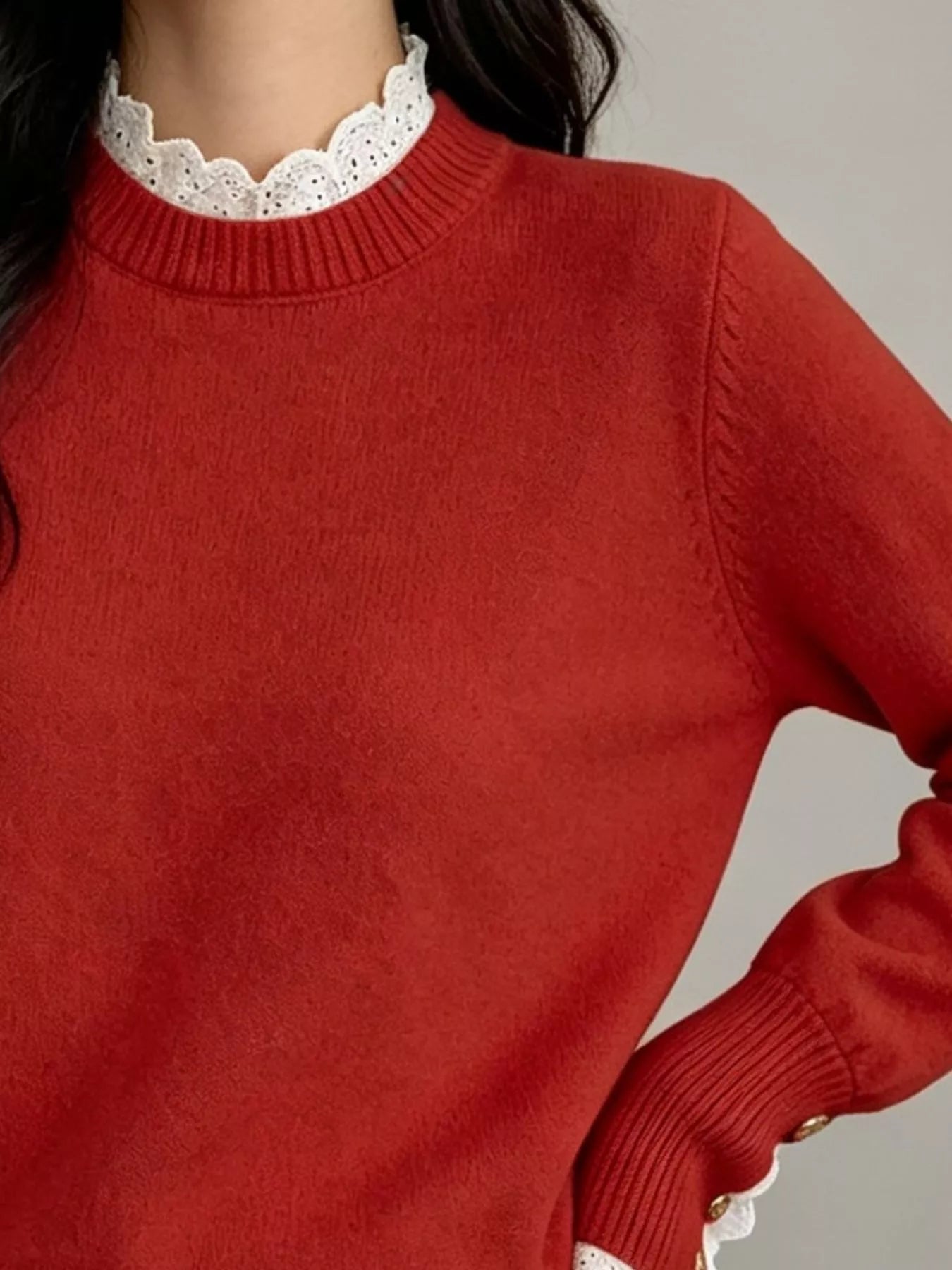 Lace Trim Mock Neck Sweater