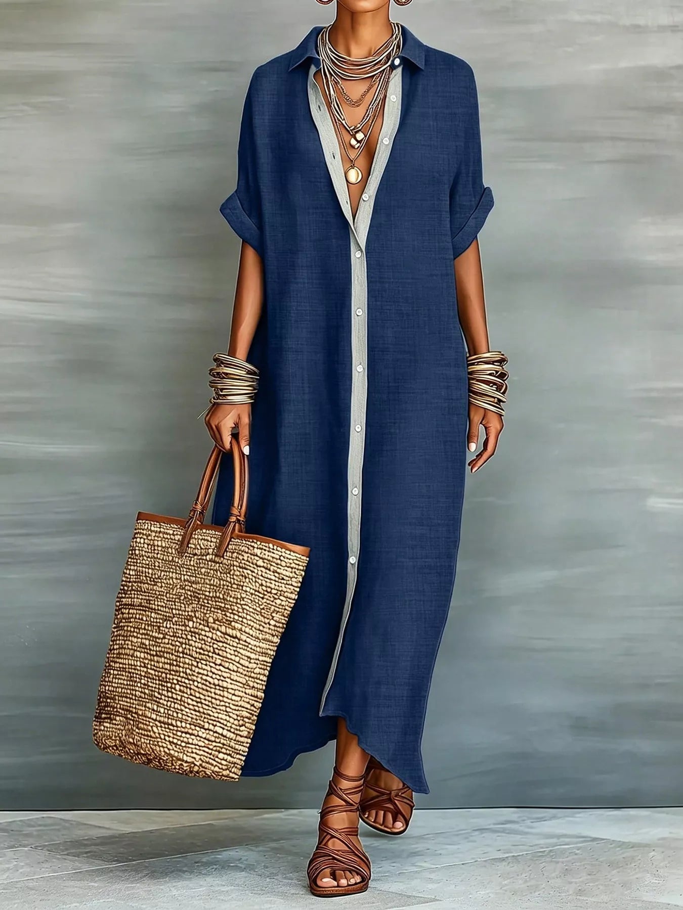 Casual Linen Shirt Dress with Button-Down Front