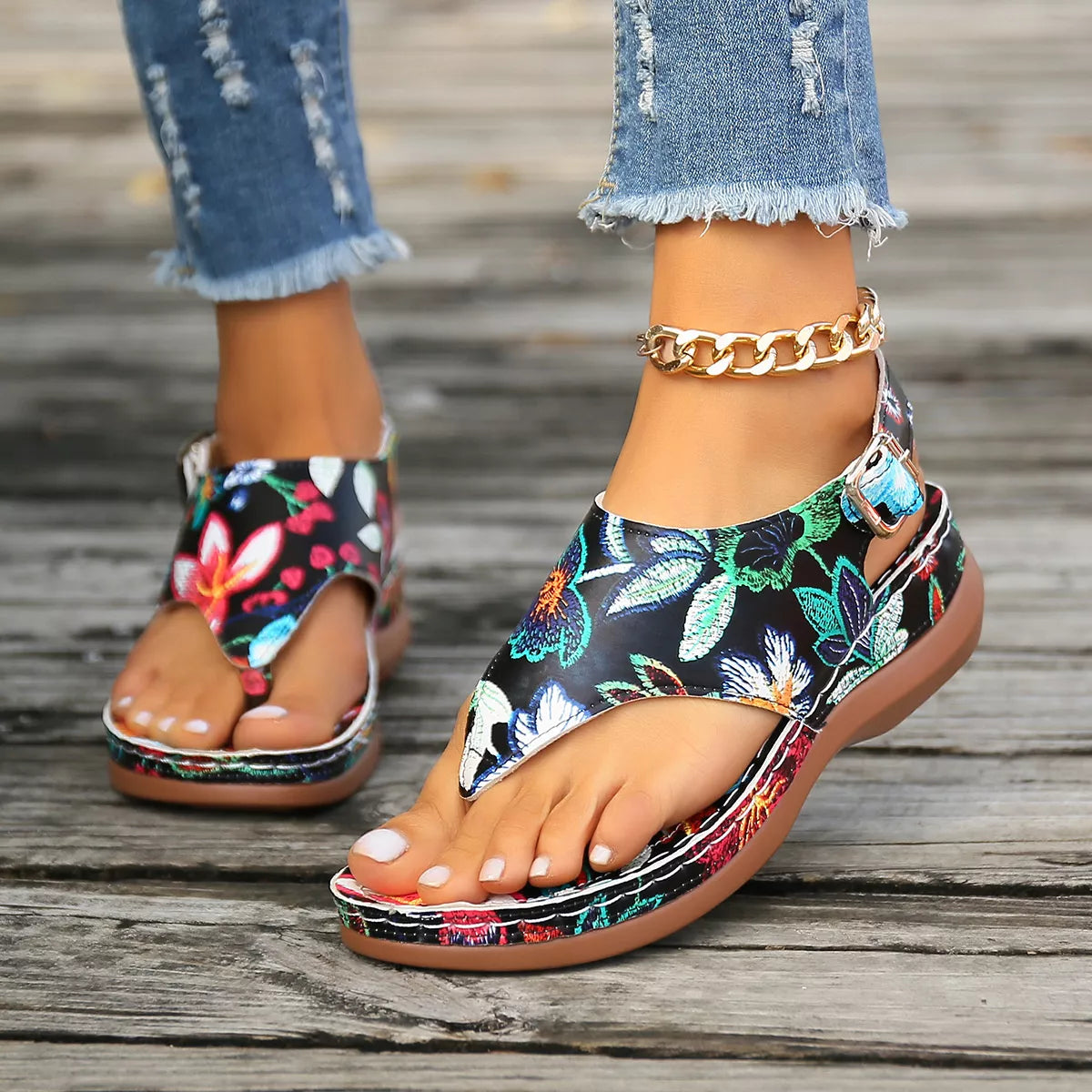 Floral Thong Wedge Sandals