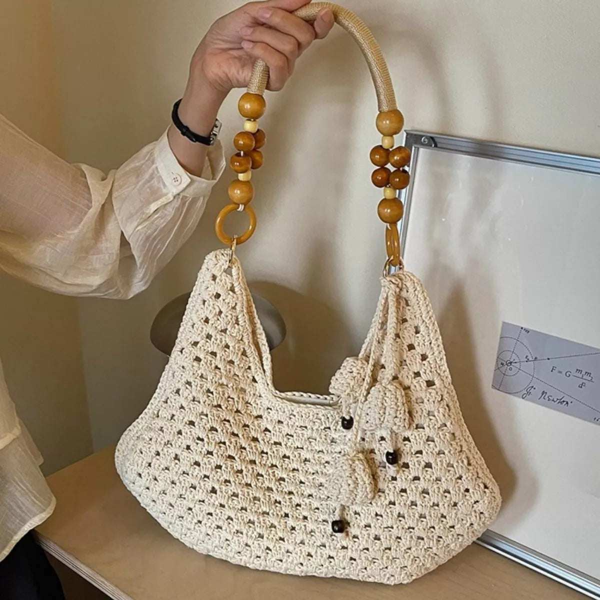 Crochet Knit Beaded Strap Shoulder Bag