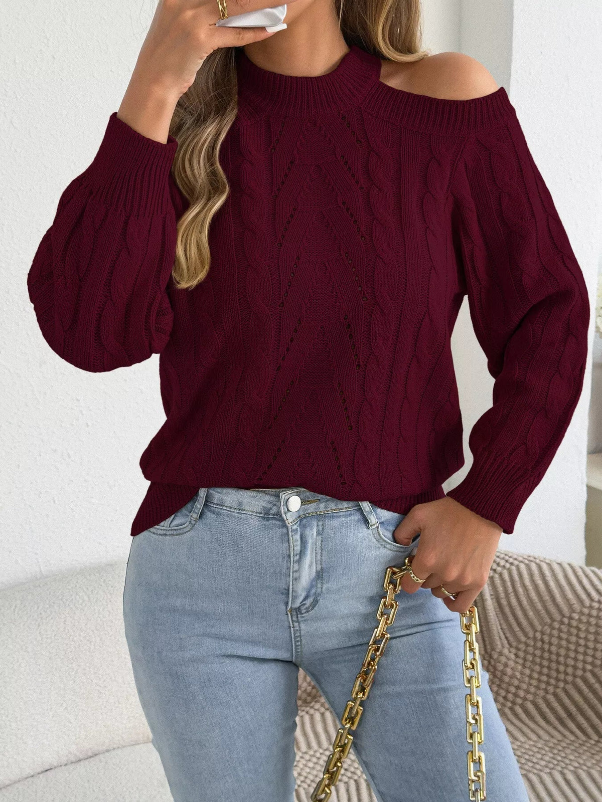 Cold Shoulder Cable Knit Sweater
