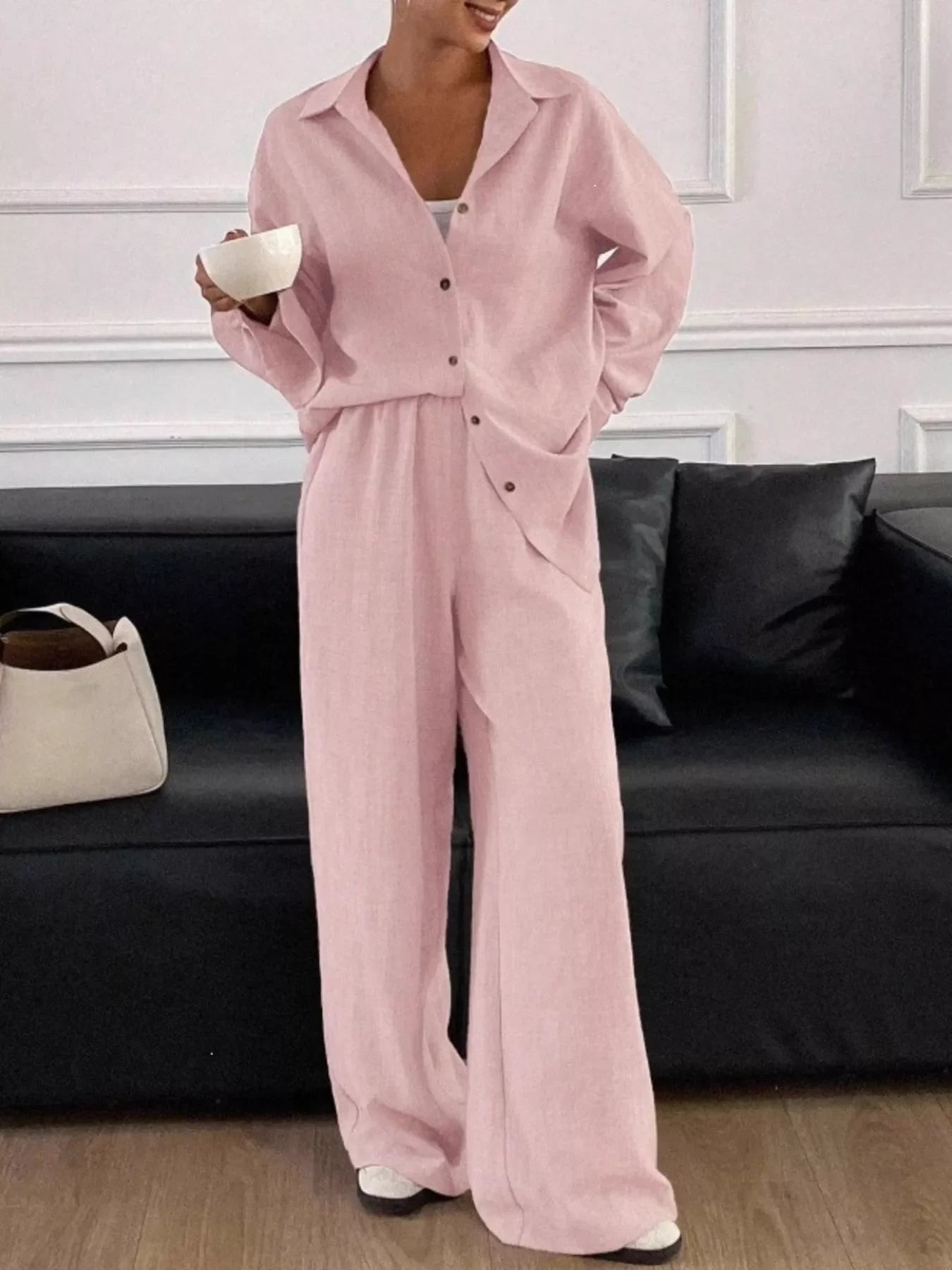 Button-Down Shirt and Wide-Leg Pants Set