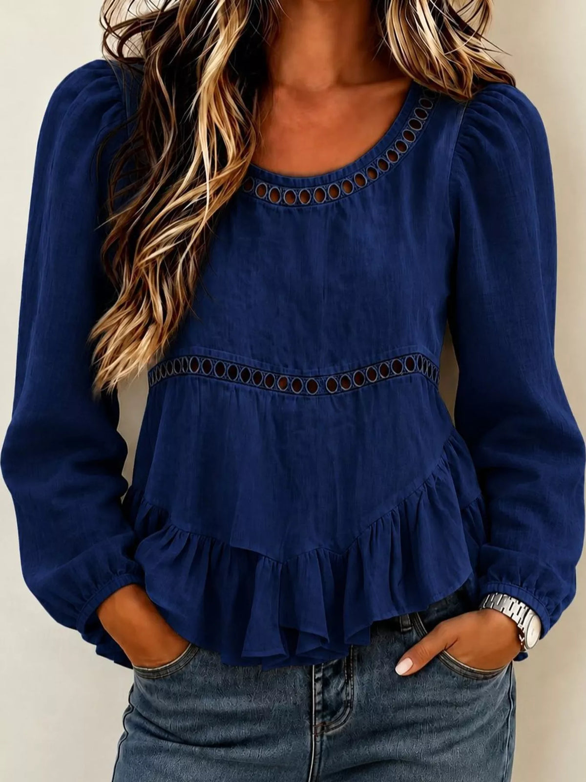 Long Sleeve Blouse with Eyelet Lace Trim and Ruffled Hem