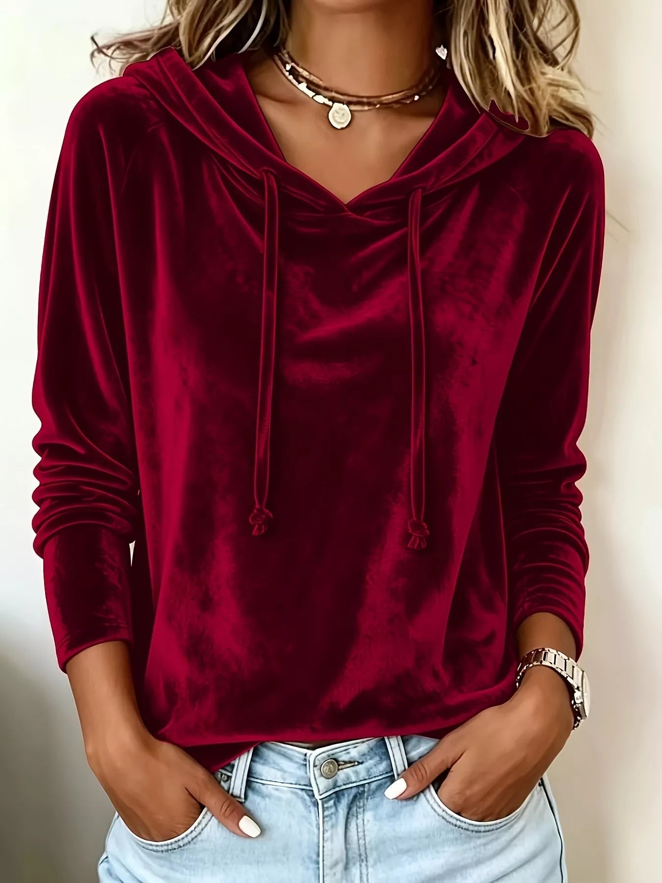 Full Size Velvet Drawstring Long Sleeve Hoodie Plus Size