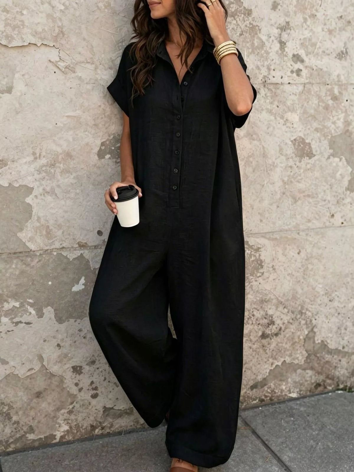 Button Front Short Sleeve Jumpsuit