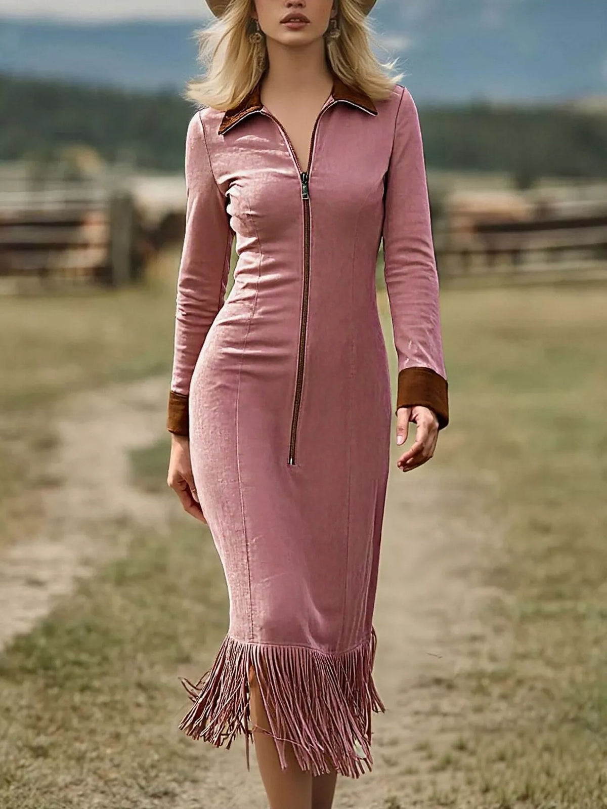 Full Size Fringe Hem Zip Front Midi Dress Plus Size