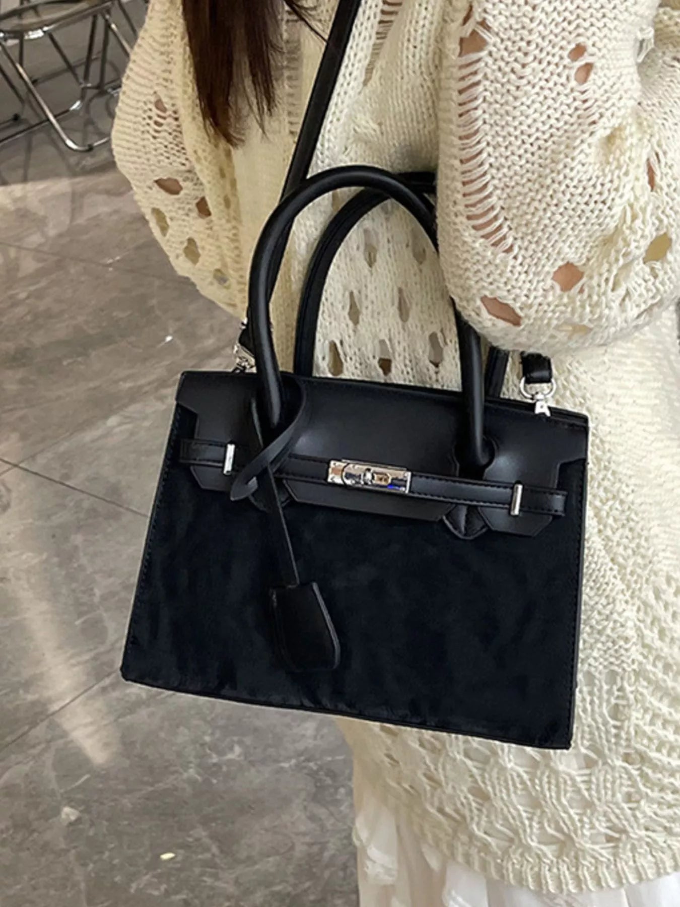 Textured Leather Top-Handle Handbag