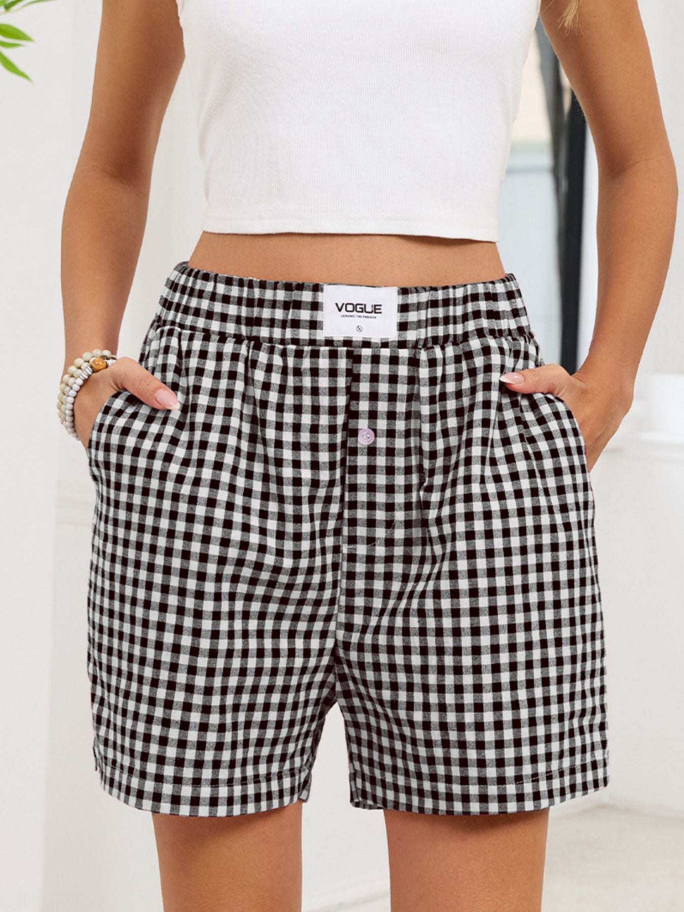 Gingham Elastic Waist Casual Shorts