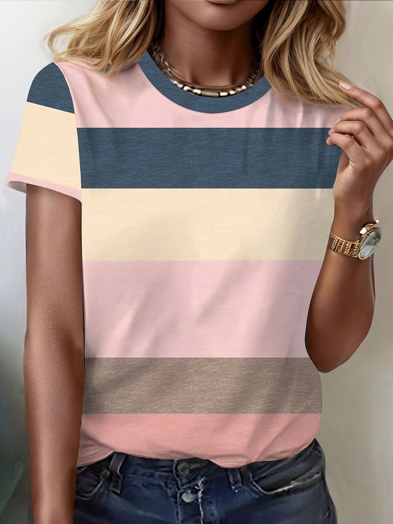Plus Size Striped Casual Round Neck T-Shirt