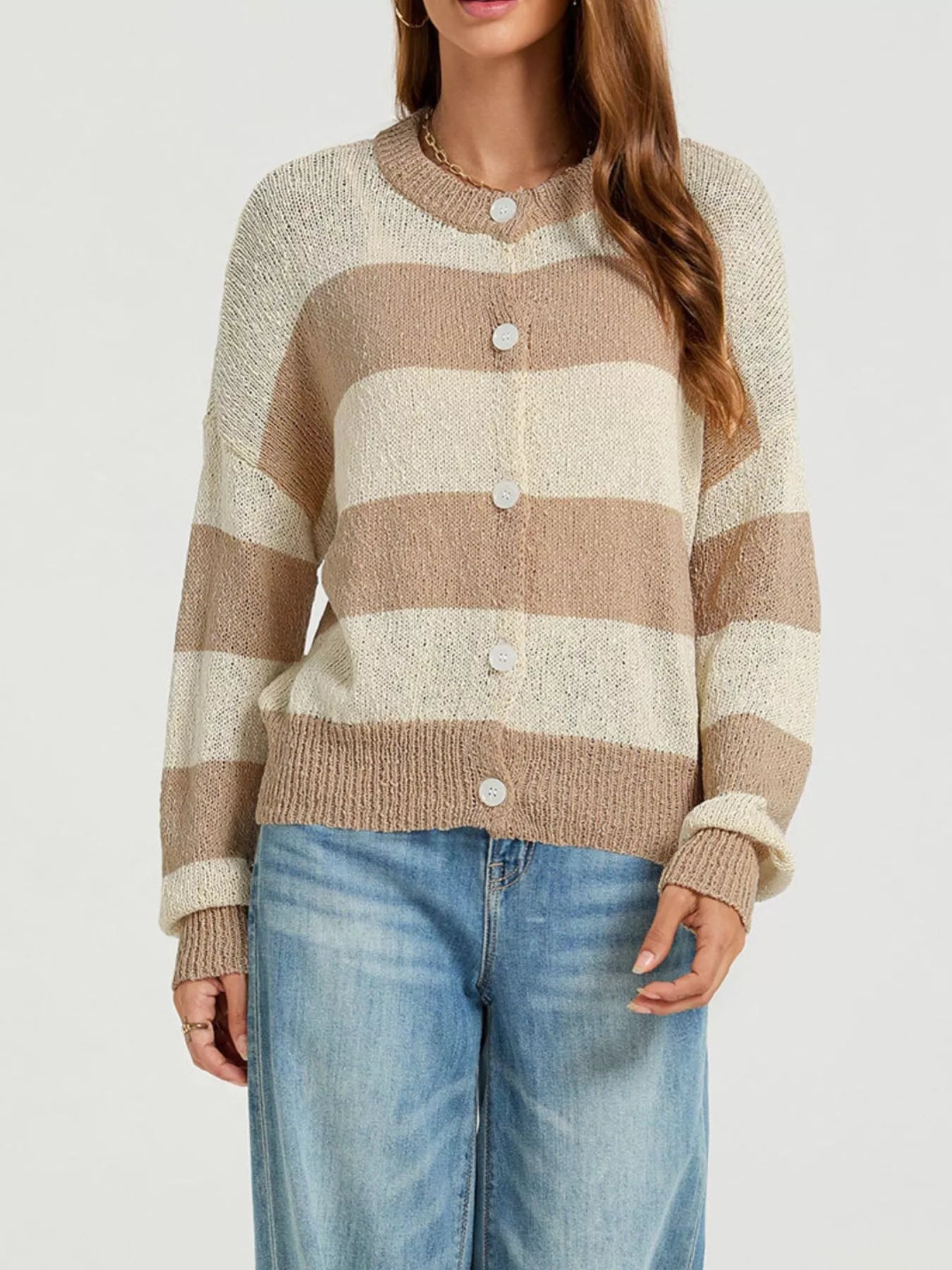 Casual Striped Button-Down Knit Cardigan