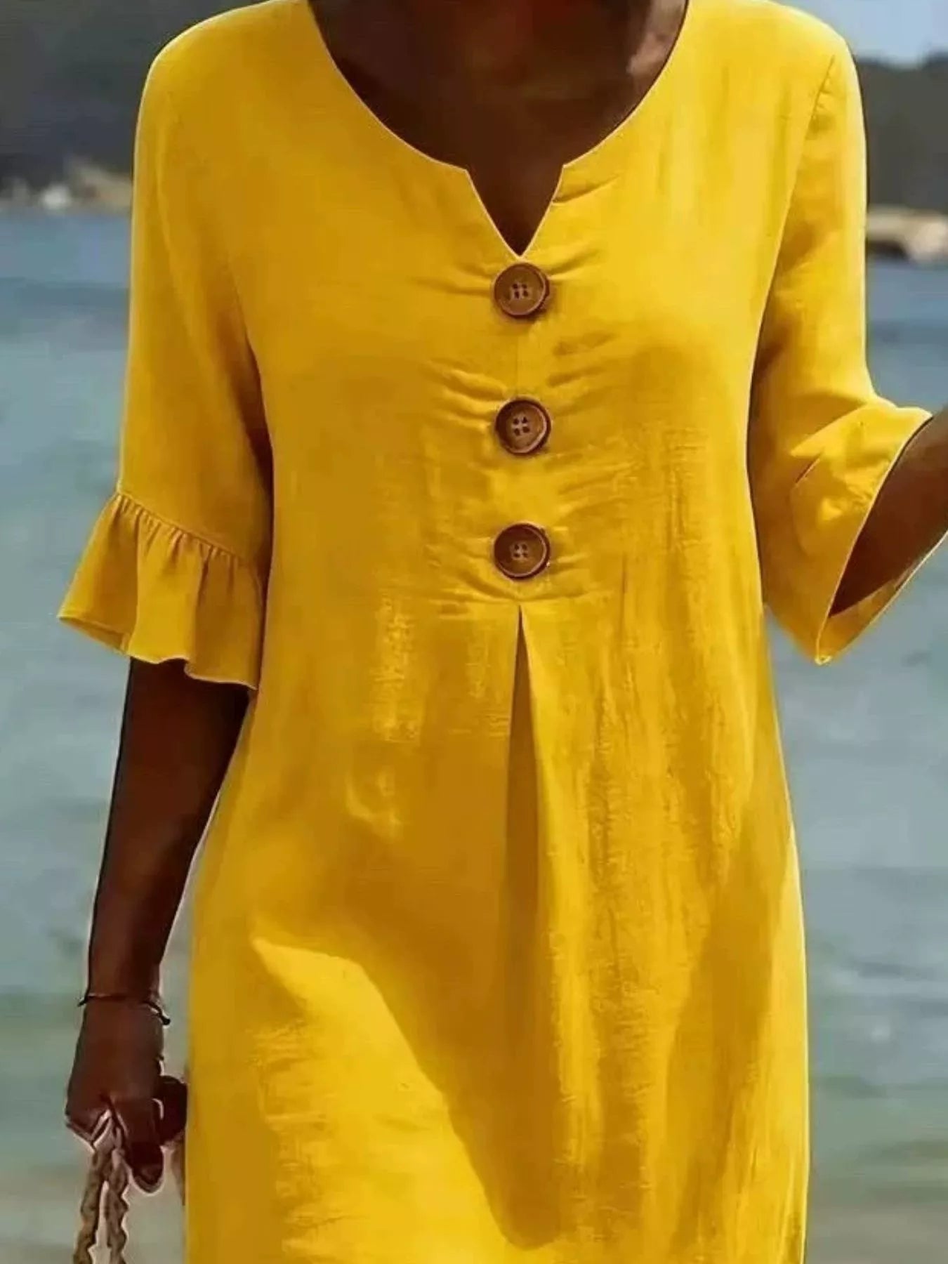 Full Size Casual Decor Button Dress with Ruffle Sleeves Plus Size