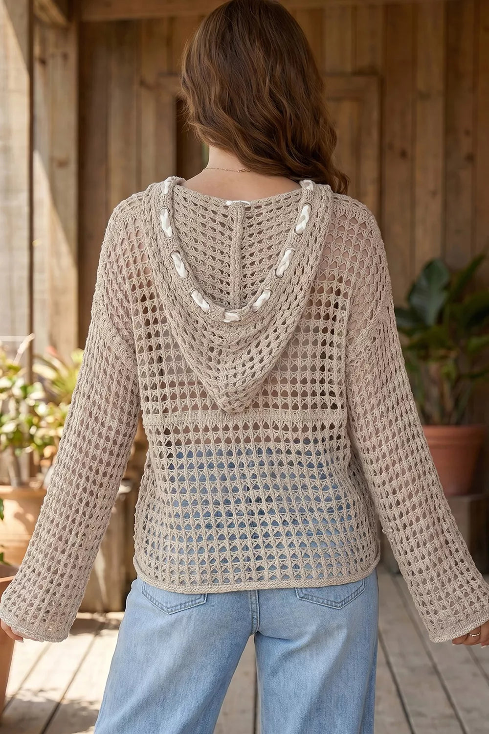 Star Pattern Crochet Hooded Drawstring Knit Cover Up