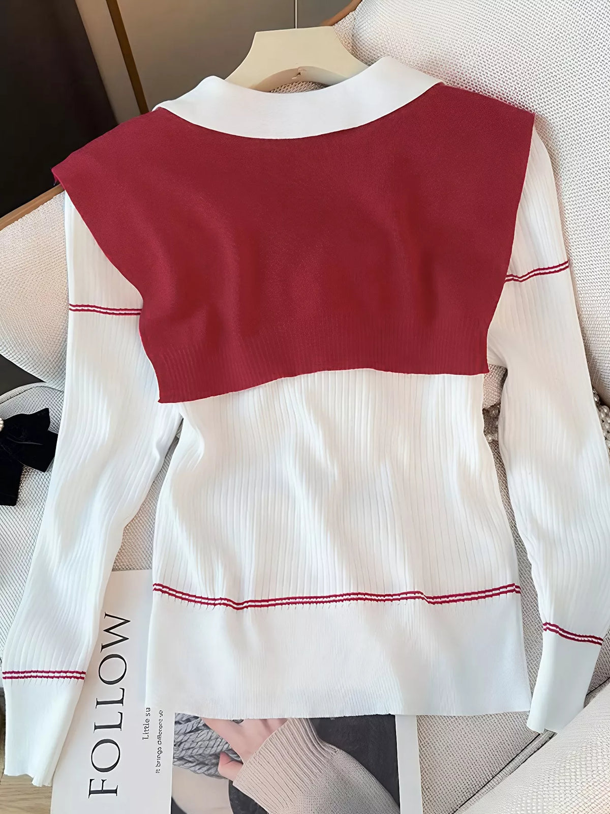 Ribbed Knit Top with Contrast Shawl