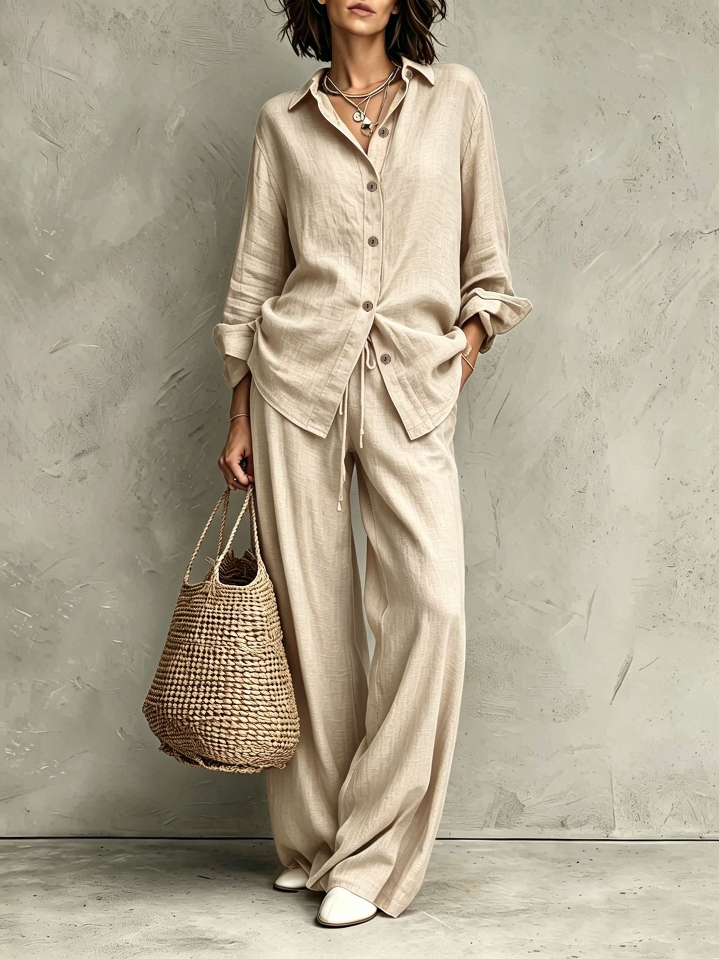 Women's Button-Down Shirt & Wide-Leg Pants Set