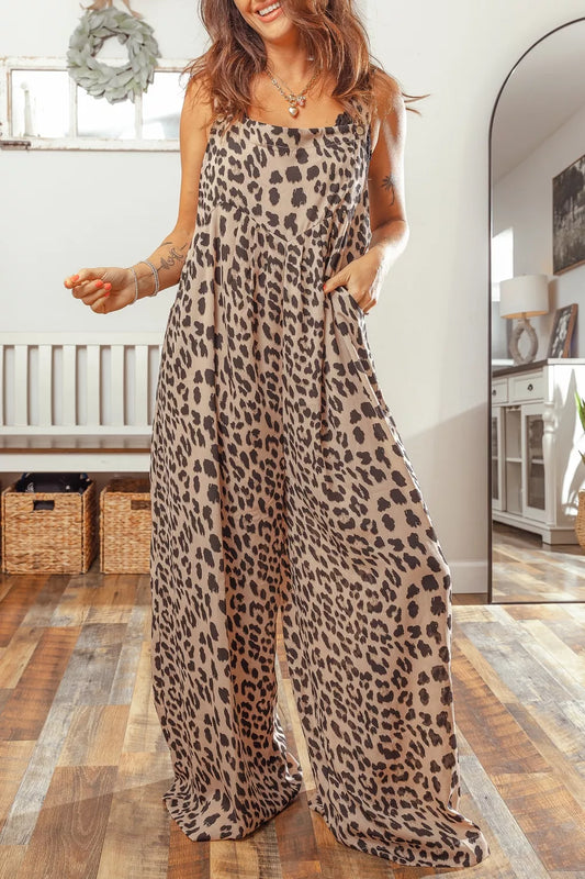 Leopard Print Square Neck Pleated Wide Leg Jumpsuit
