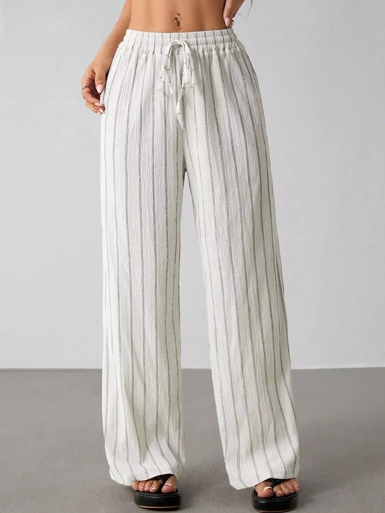 Striped Wide-Leg Drawstring Pants