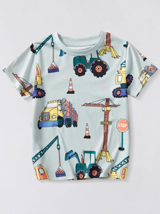 Children's Construction Vehicle Print Crew Neck Short Sleeve T-Shirt