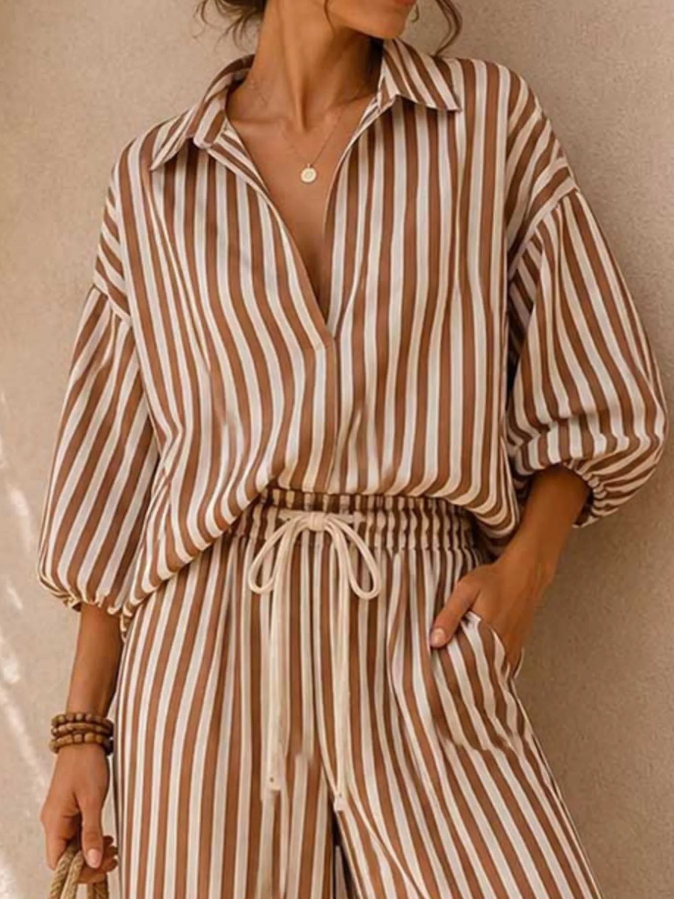 Full Size Striped Puff Sleeve Shirt and Wide-Leg Drawstring Pants Set Plus Size