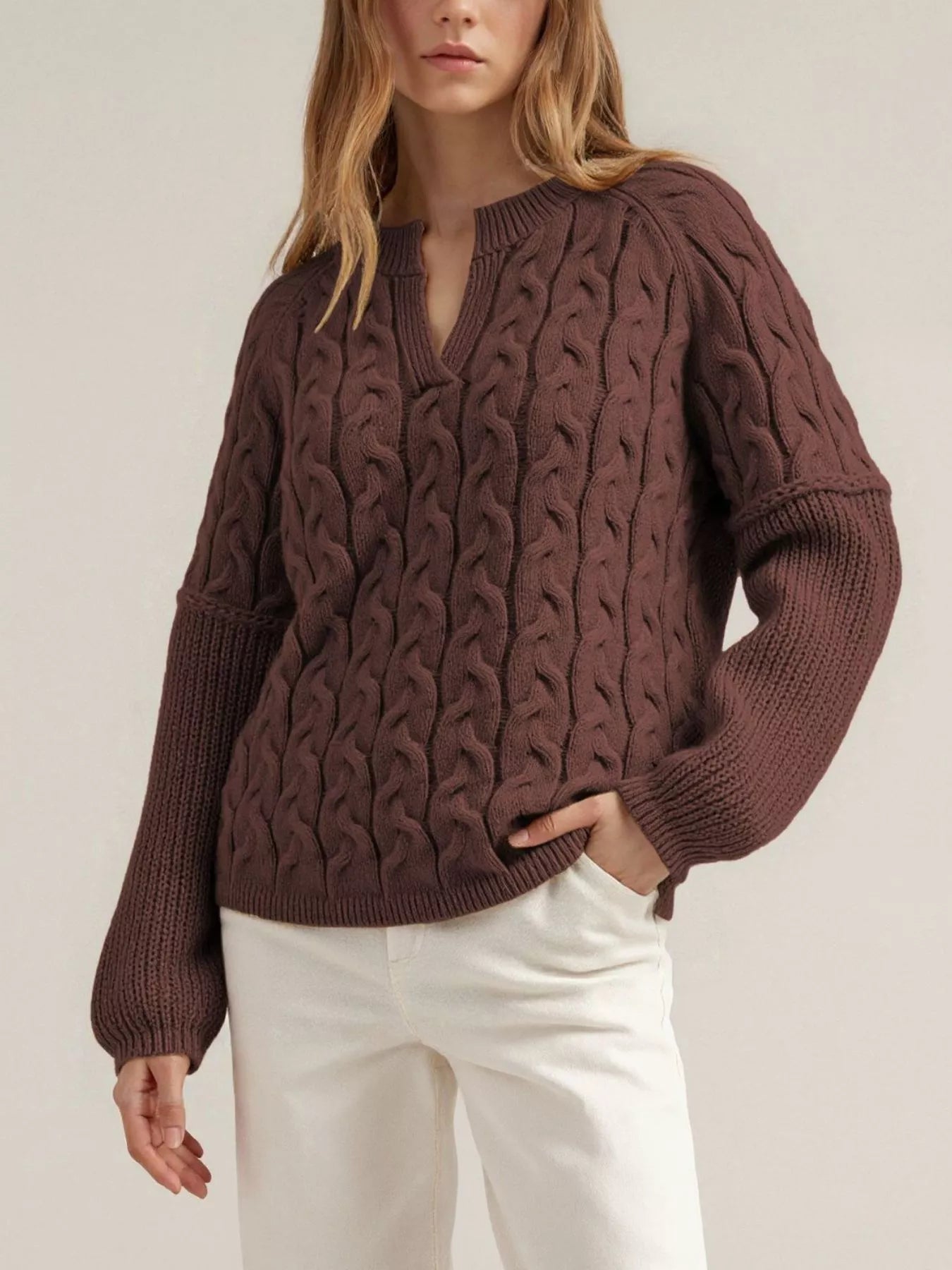 Cable-Knit Dropped Shoulder Sweater