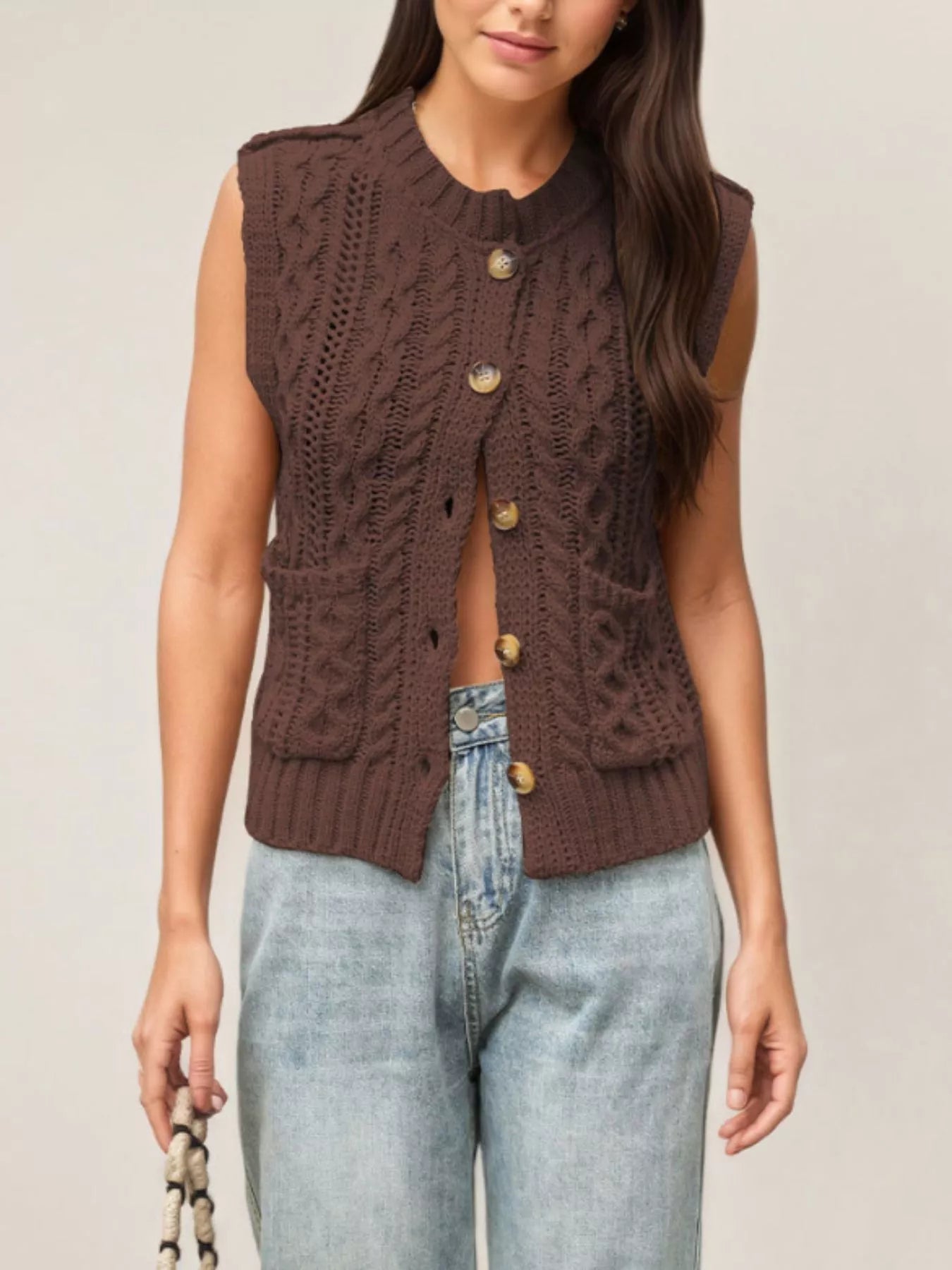 Cable-Knit Button-Down Sweater Vest
