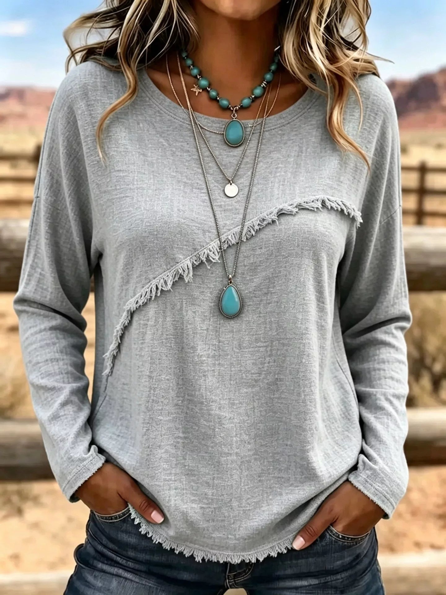 Full Size Fringe Detail Long Sleeve T-Shirt Plus Size