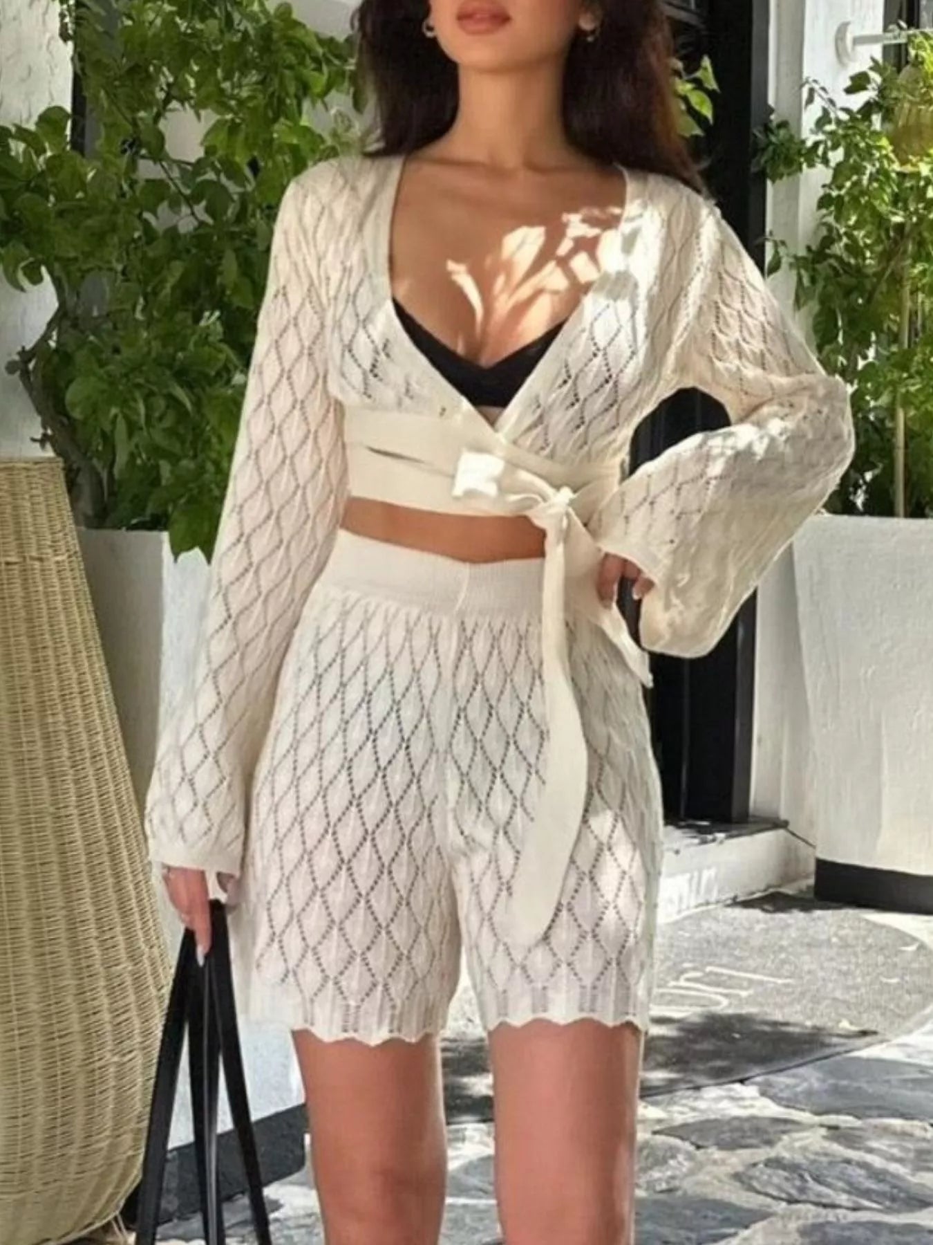 Openwork Long Sleeve Top and Shorts Set