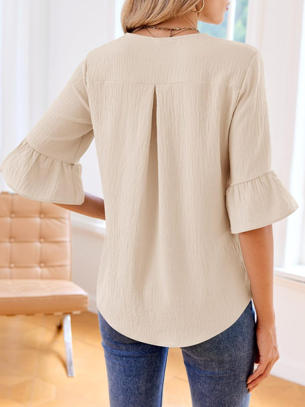 Ruffle V-Neck Flounce Sleeve Blouse