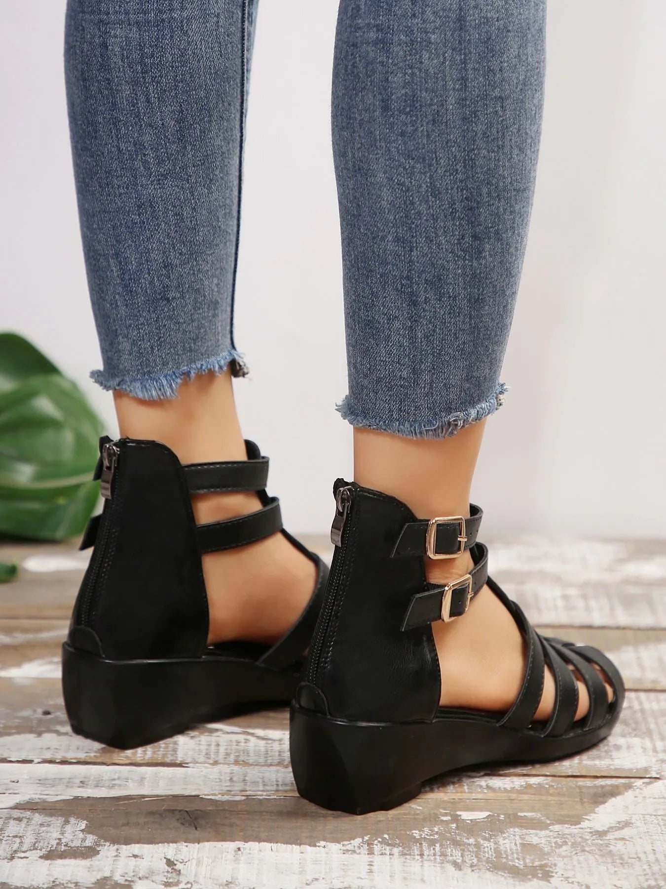 Strappy Wedge Buckle Sandals