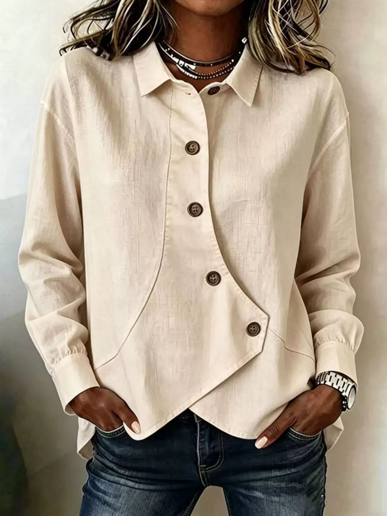 Full Size Asymmetrical Button Down Shirt Plus Size
