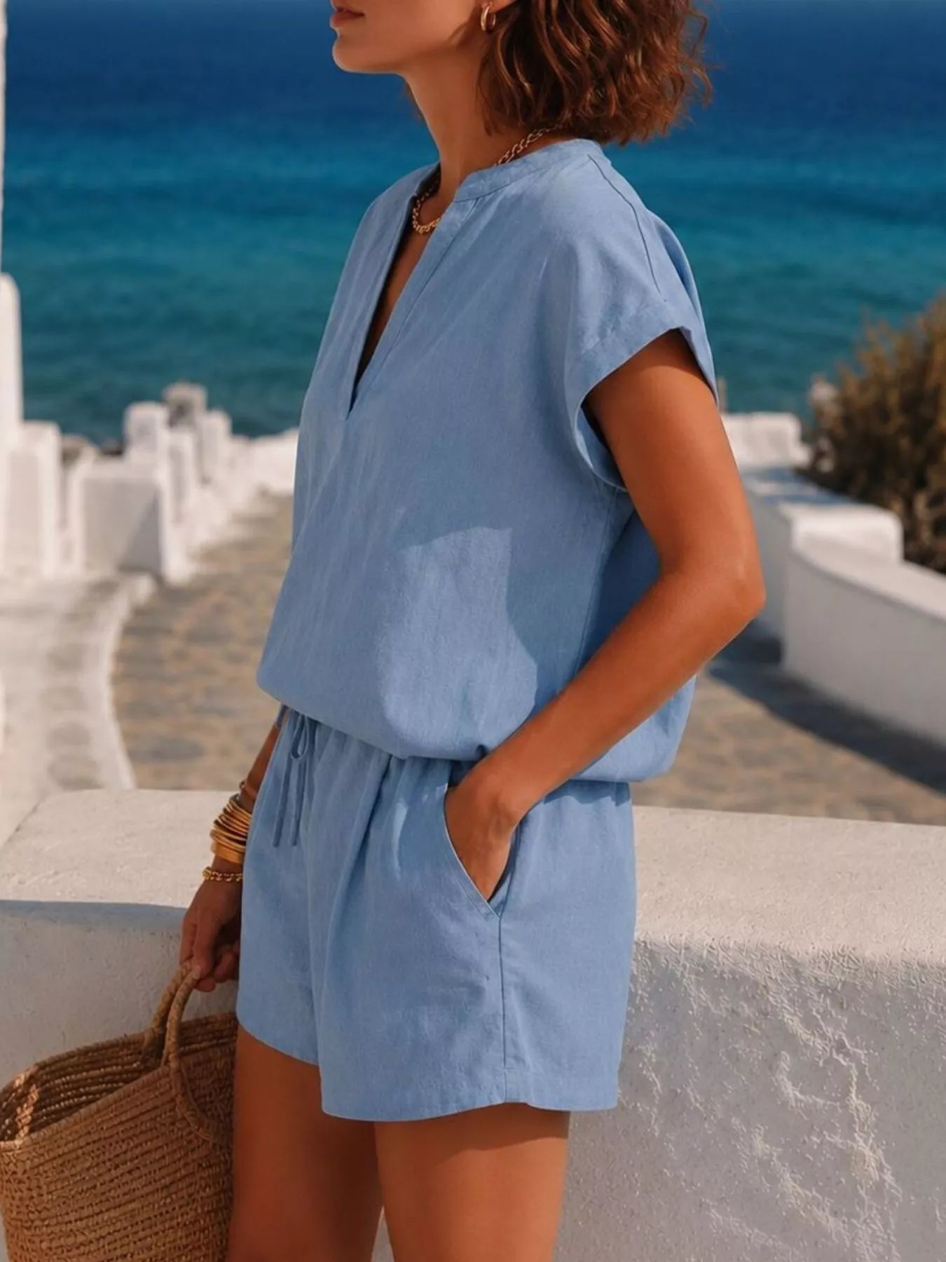 Notched Short Sleeve Top and Shorts Set