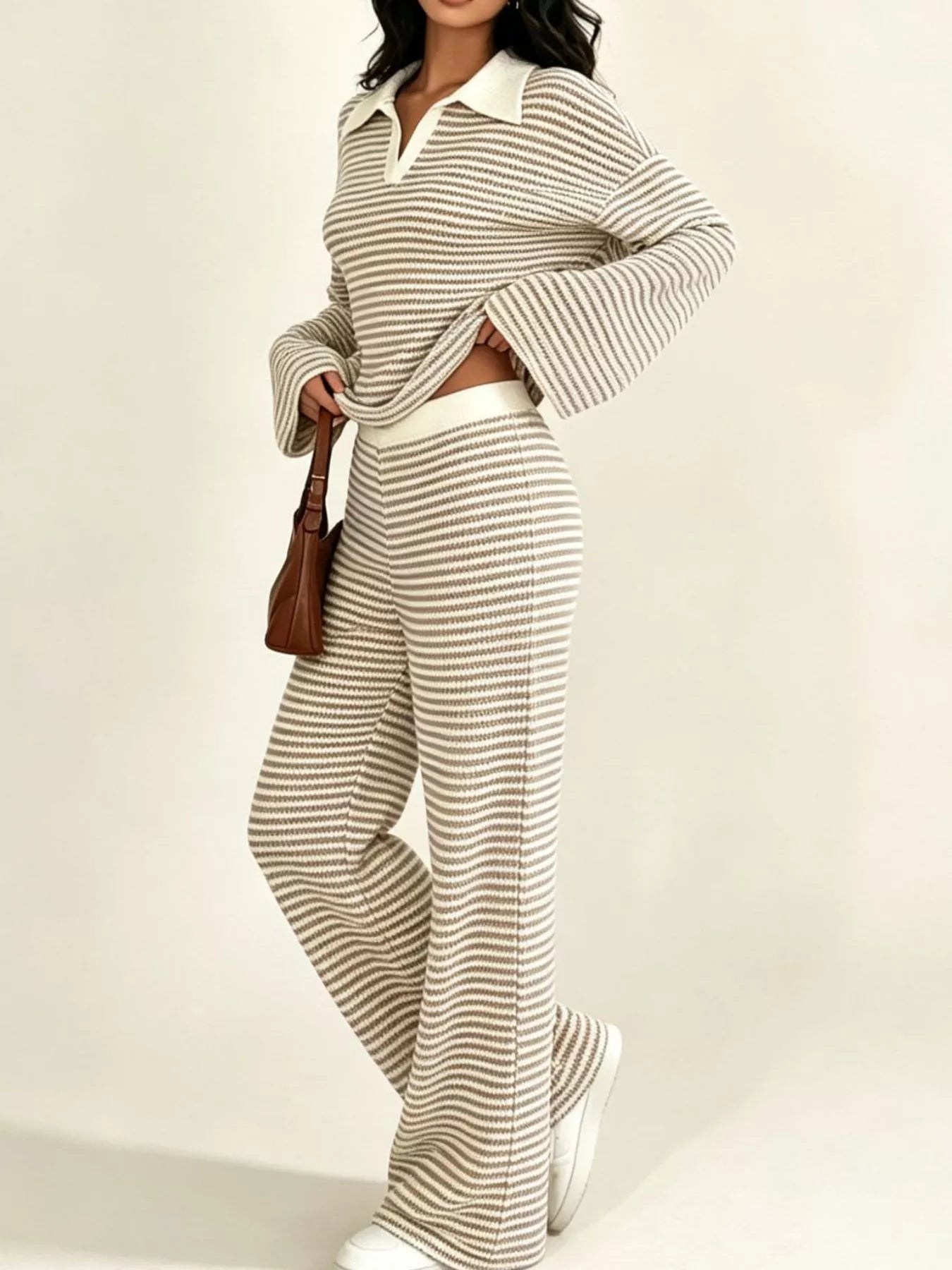 Striped Long Sleeve Polo and Wide-Leg Pants Set