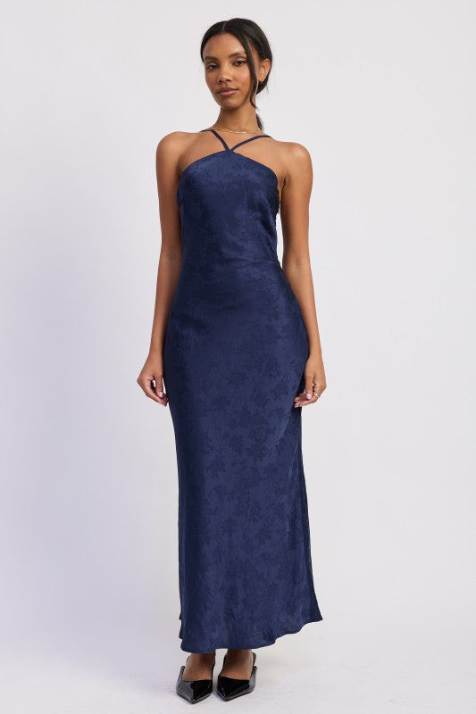 SATIN HALTER MIDI DRESS WITH OPEN BACK
