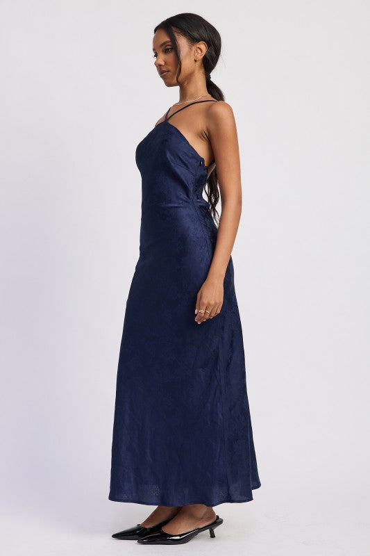 SATIN HALTER MIDI DRESS WITH OPEN BACK