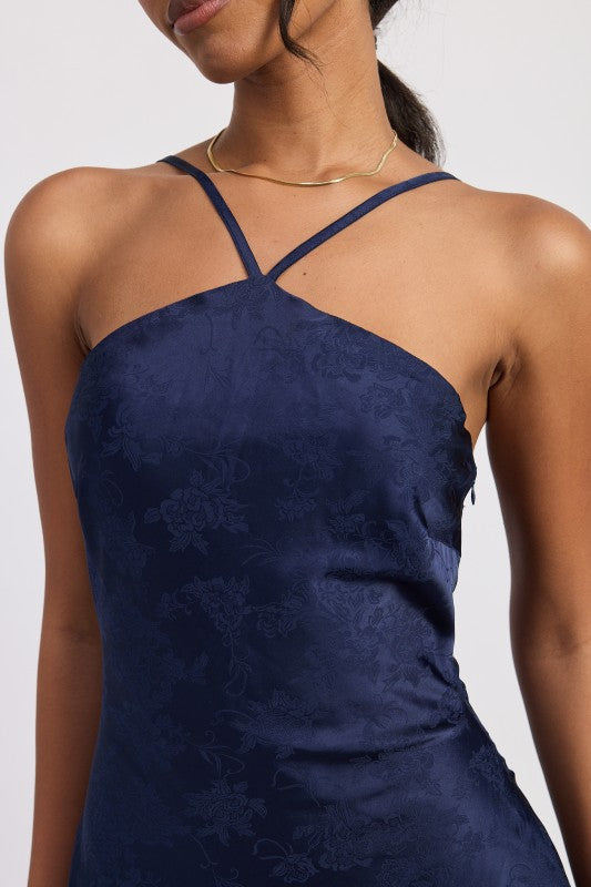 SATIN HALTER MIDI DRESS WITH OPEN BACK
