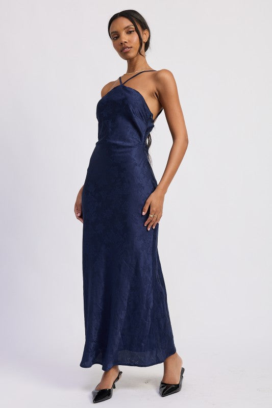 SATIN HALTER MIDI DRESS WITH OPEN BACK