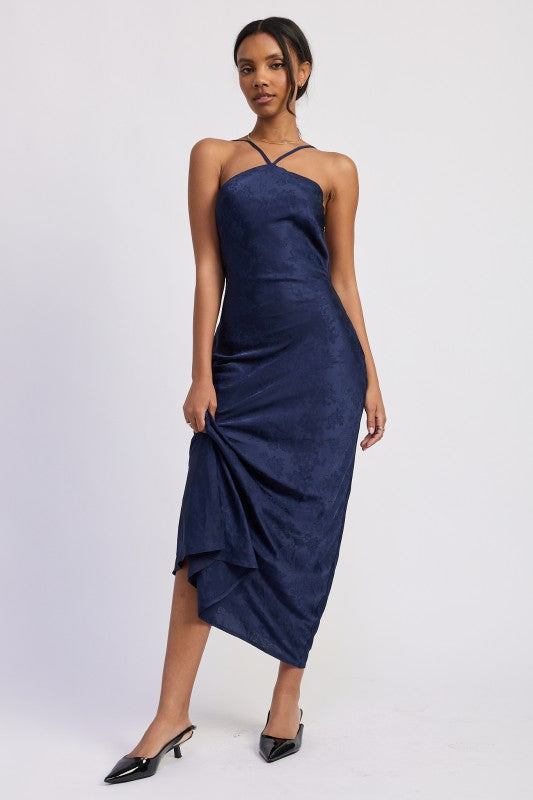 SATIN HALTER MIDI DRESS WITH OPEN BACK