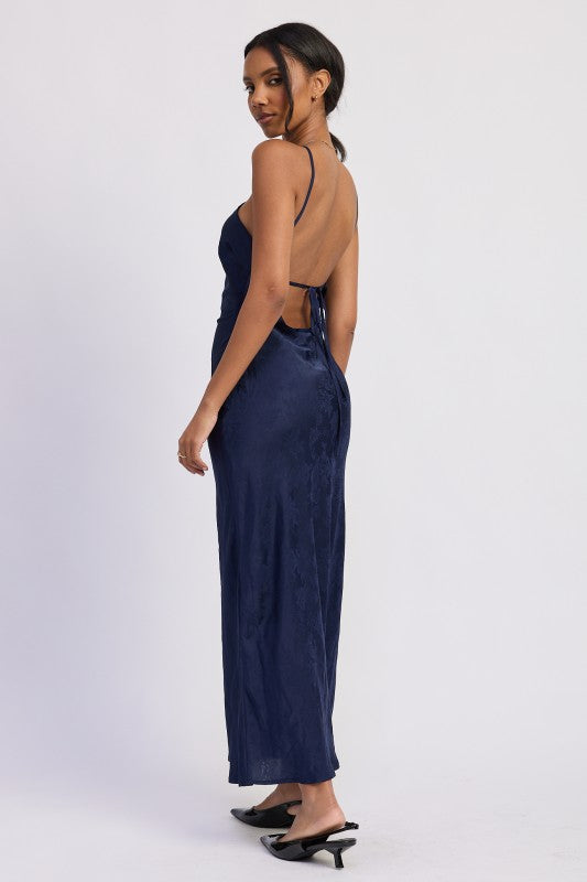 SATIN HALTER MIDI DRESS WITH OPEN BACK