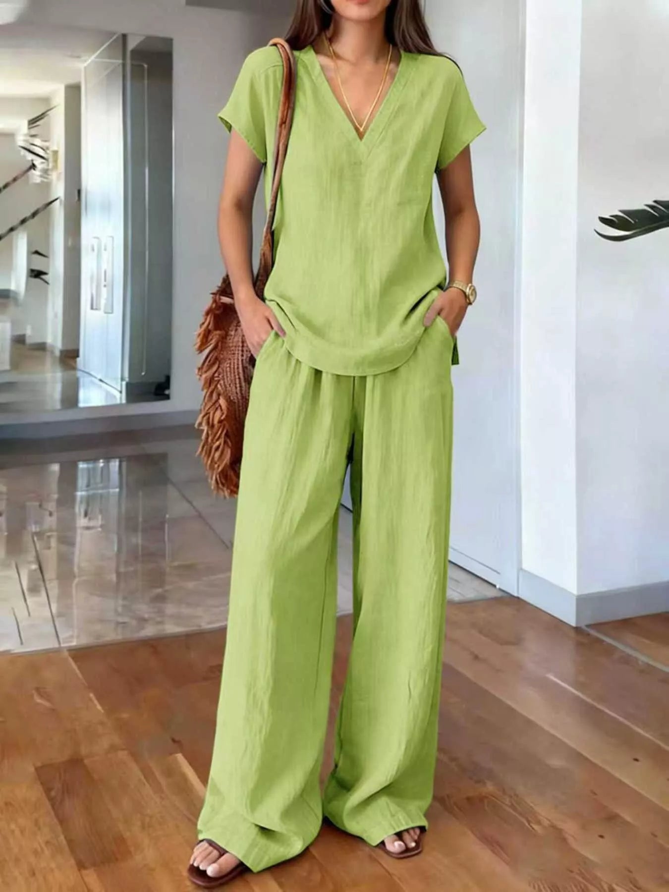 Full Size V-Neck Short Sleeve Top and Pants Set Plus Size