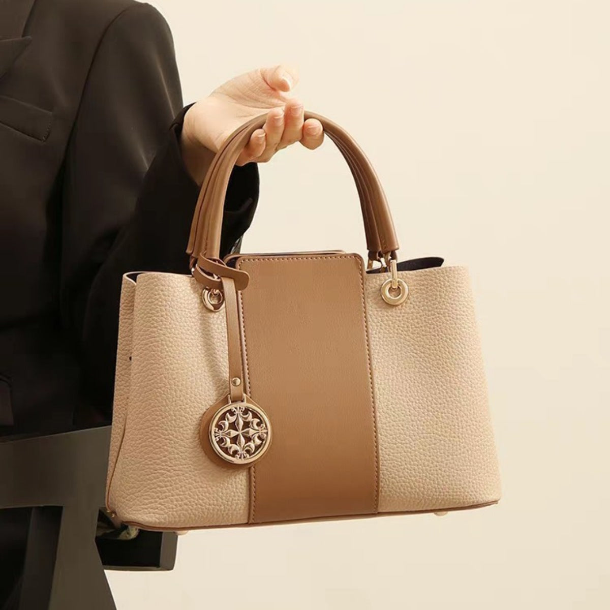 Two-Tone Leather Top Handle Handbag