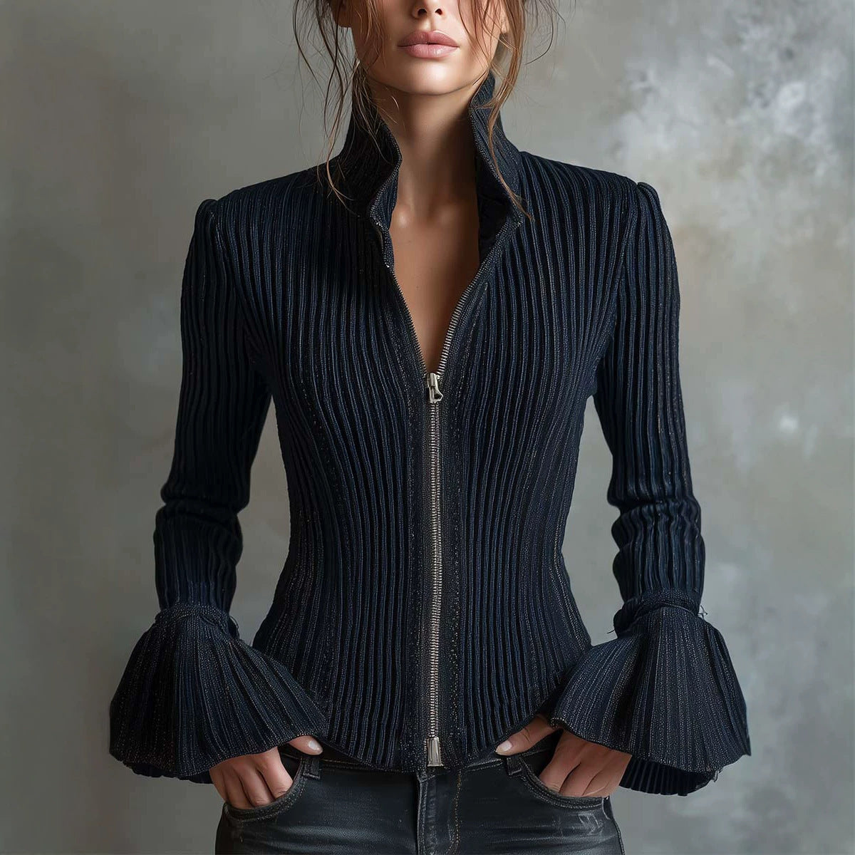 Women's Slim-Fit Rib-Knit Zip-Up Top with Flared Cuffs