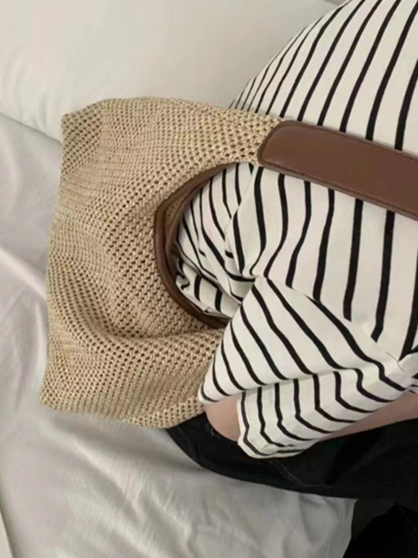 Woven Straw Handbag with Leather Strap